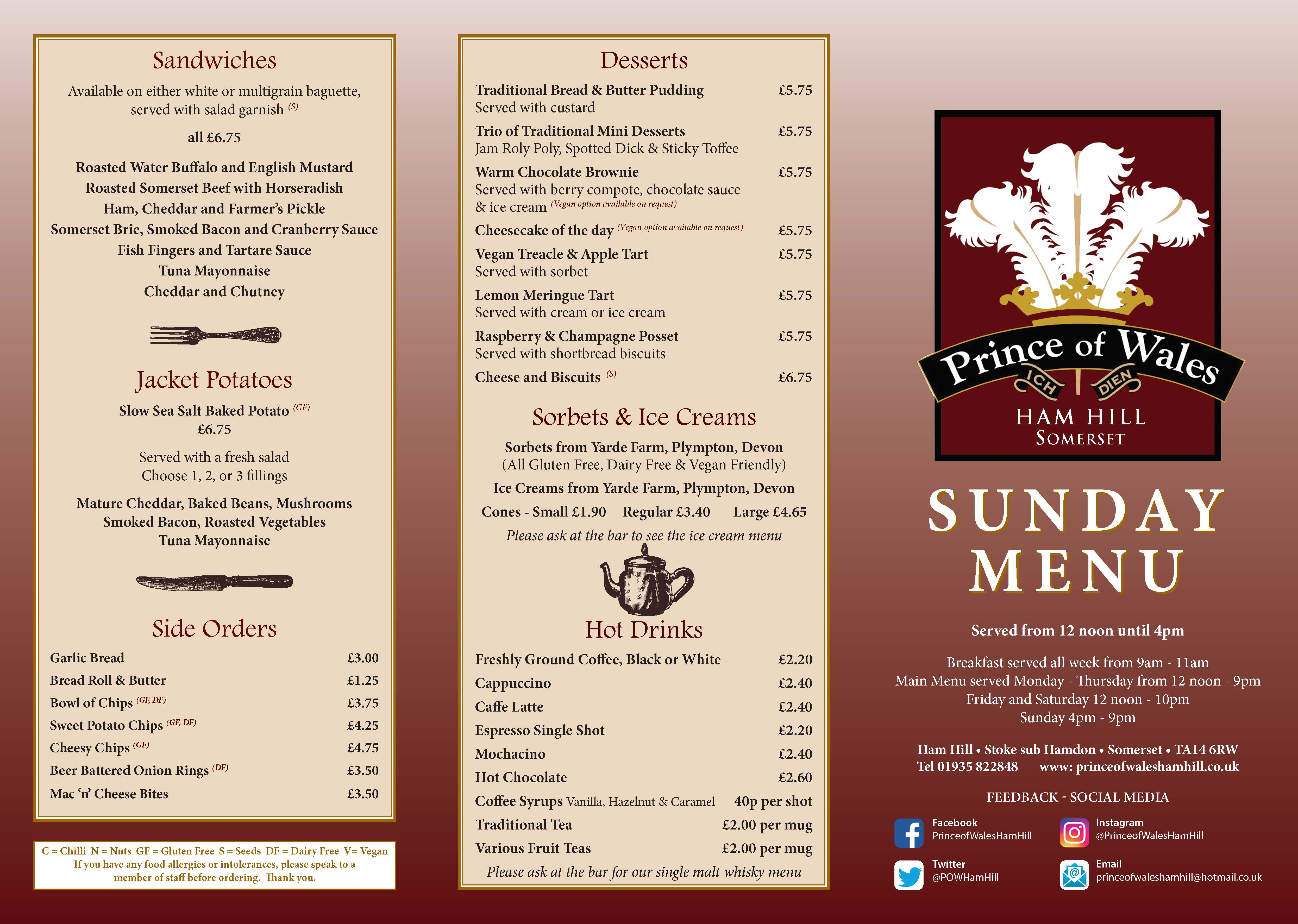 Sunday Lunch Menu Prince Of Wales Ham Hill